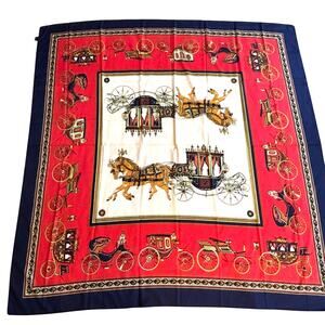 Silky polyester scarf large square designer look red blue gold carriages FLAWS